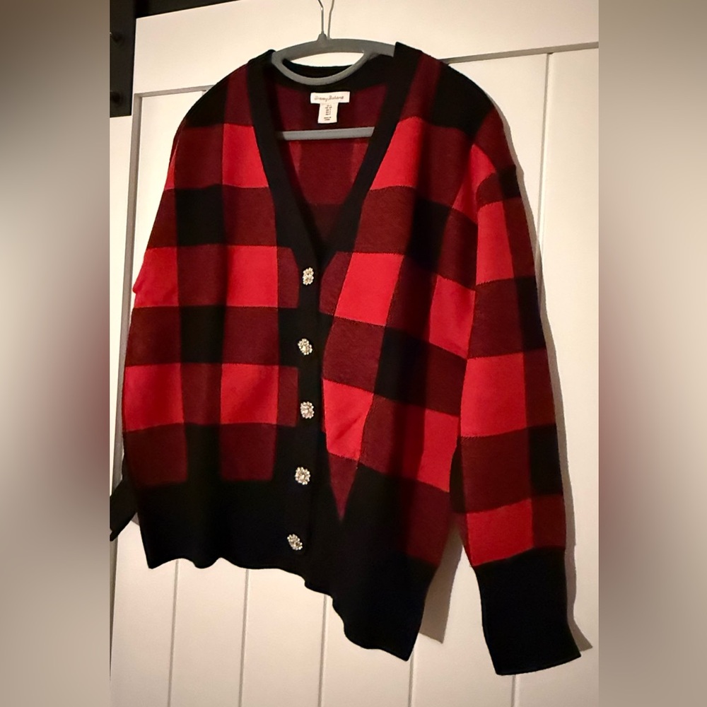 Tommy Bahama women’s red and black plaid sweater with rhinestone buttons